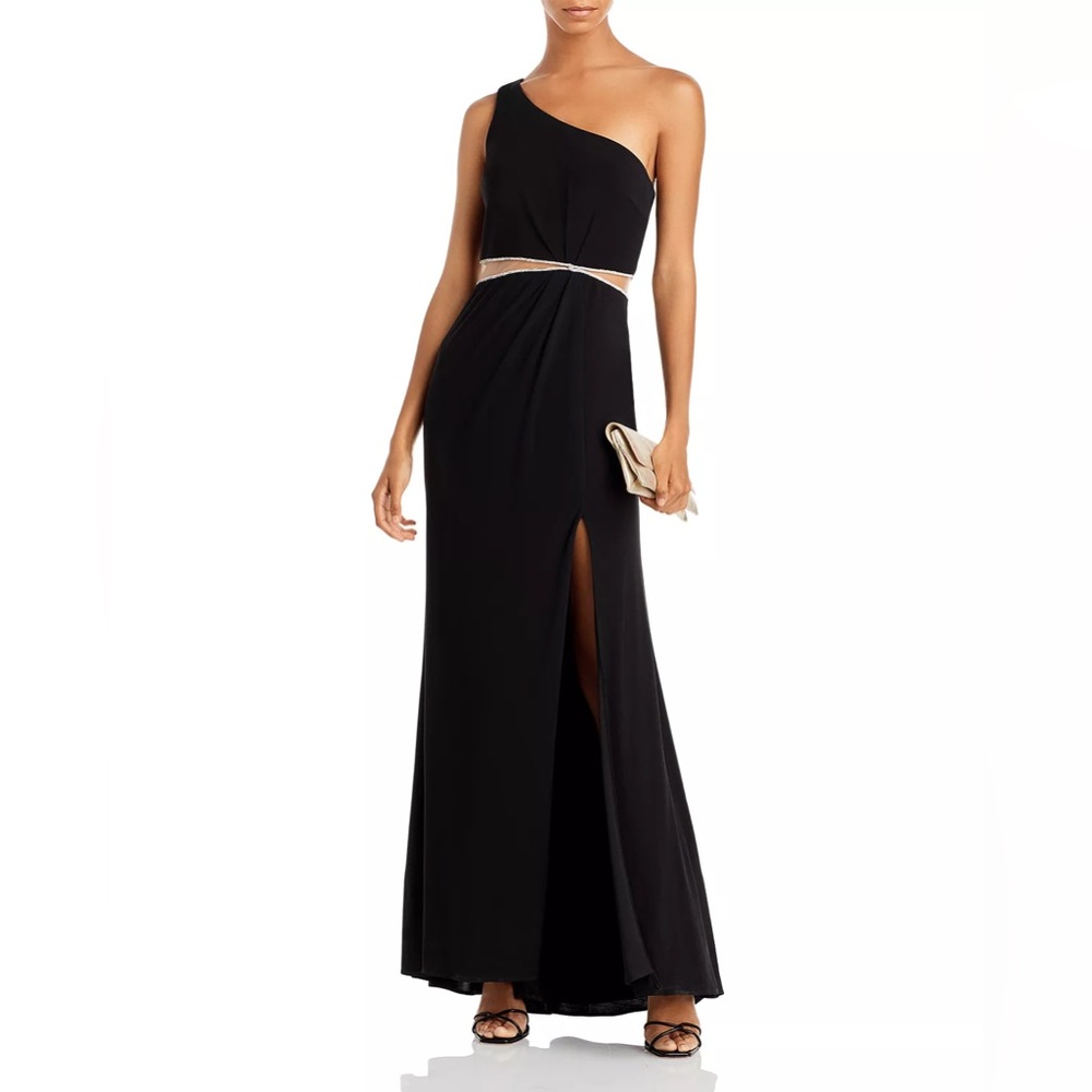 AQUA Black One Shoulder Cutout Waist Gown